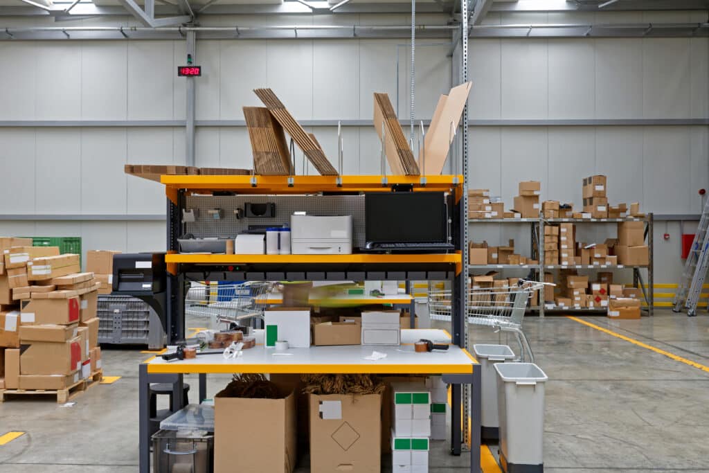 Packing table in a warehouse with shelves and bins for efficient organization.