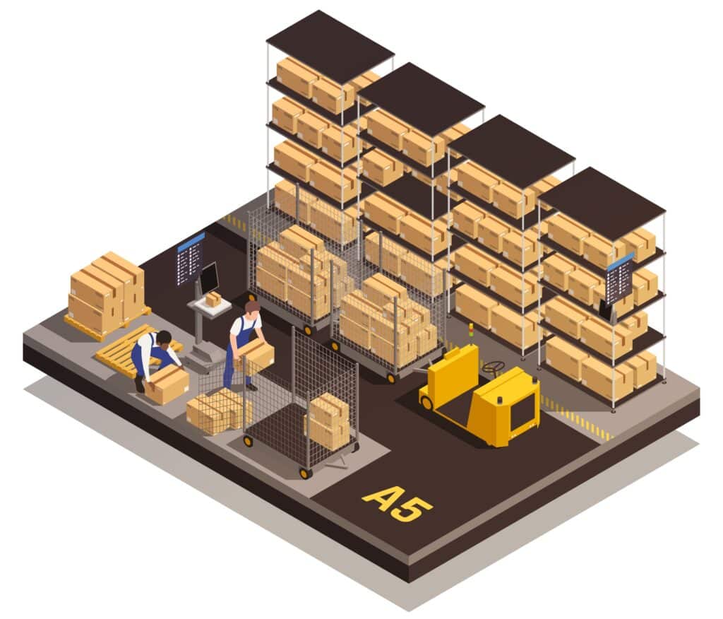 Modern warehouse facility operating process isometric compositions with cargo delivery tracking loading placing storage system vector illustration