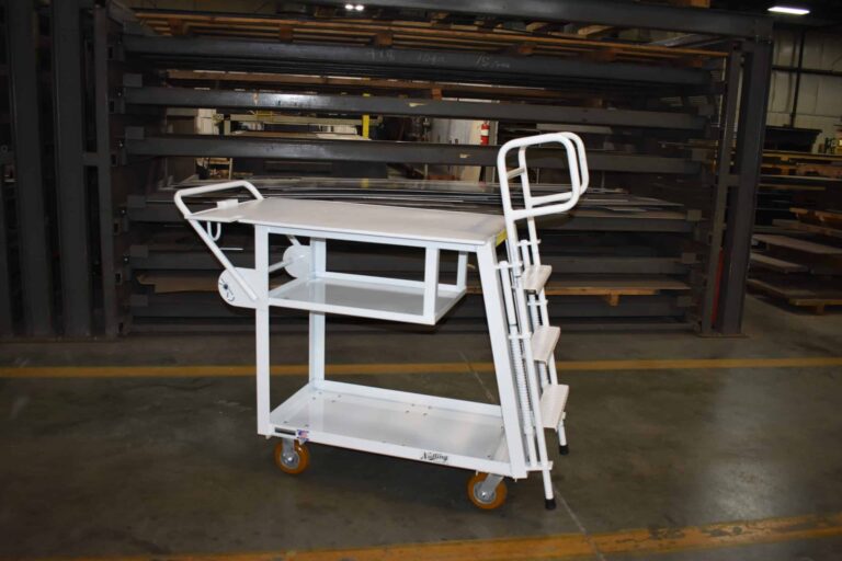 26 x 40 steel shelf ladder cart with 800 lb capacity and integrated spring-loaded 3-step ladder