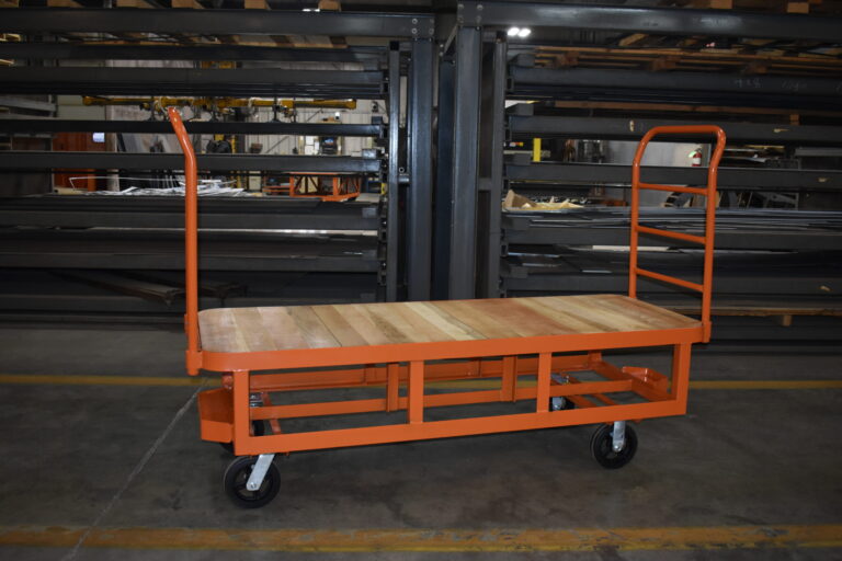 Z35-001-302 caster steer cart with elevated wood deck and two end racks for boxed auto parts