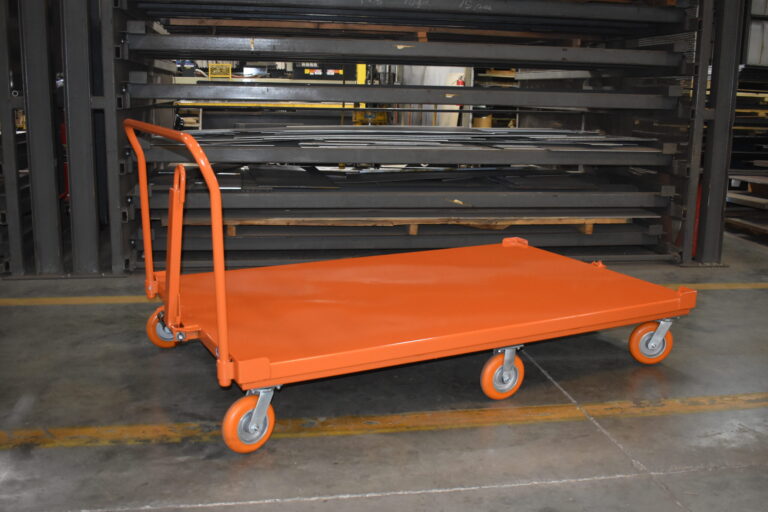 52 x 82.5 pivot steer automotive pallet cart with corner lips and ergo poly wheels